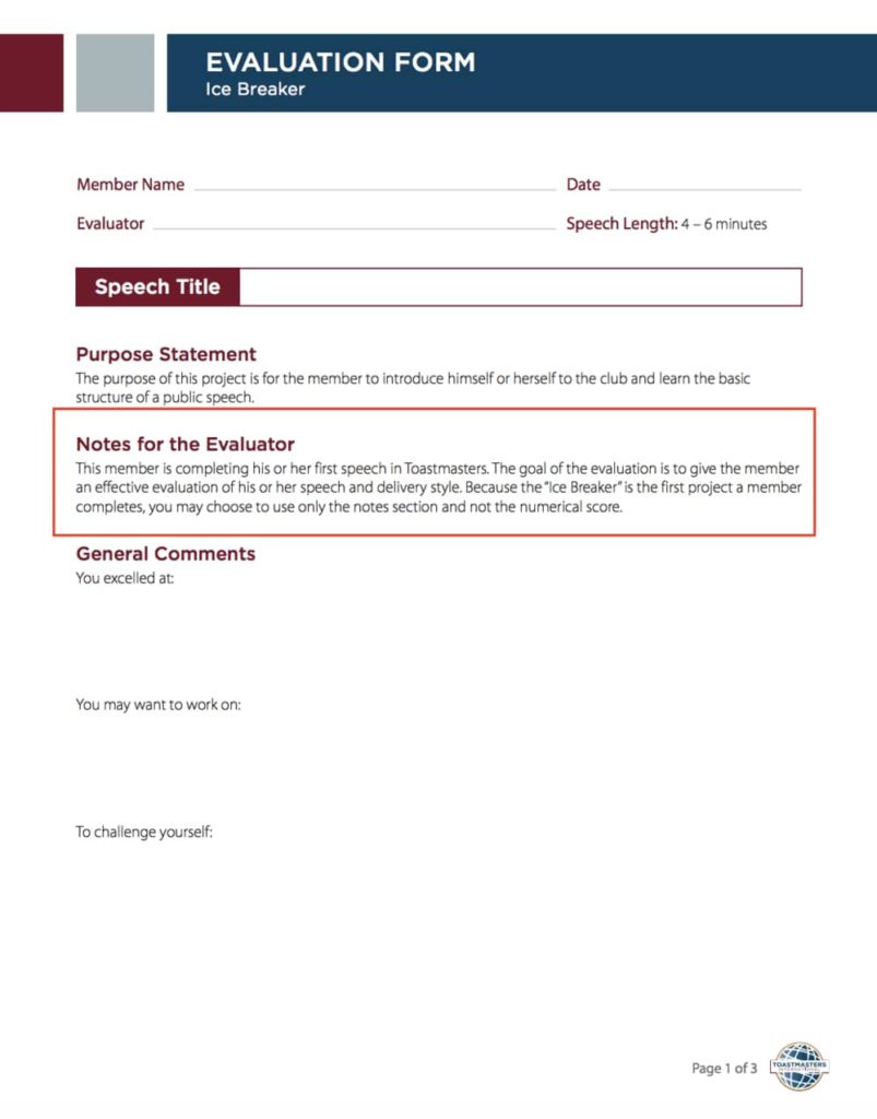toastmasters icebreaker evaluation form notes for the evaluator