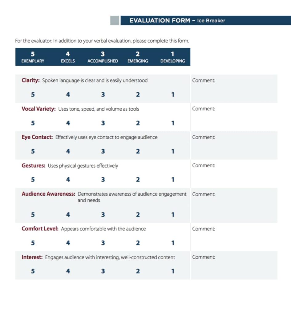 toastmasters icebreaker evaluation form ratings
