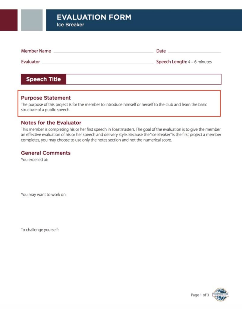 toastmasters icebreaker evaluation form objective